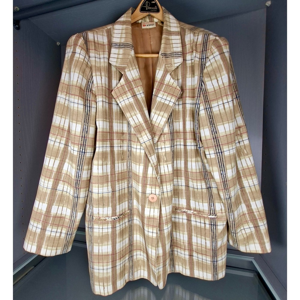 Vintage Units Plaid Blazer Jacket Large Tan Linen Blend Made in USA Style 2751